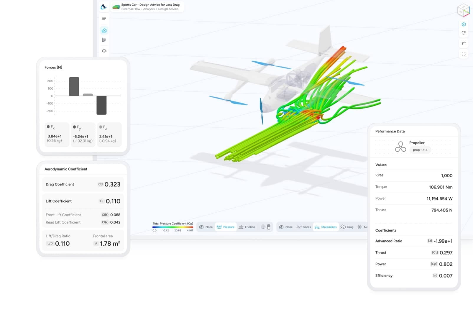 AirShaper analysis dashboard with forces, coefficients and performance data