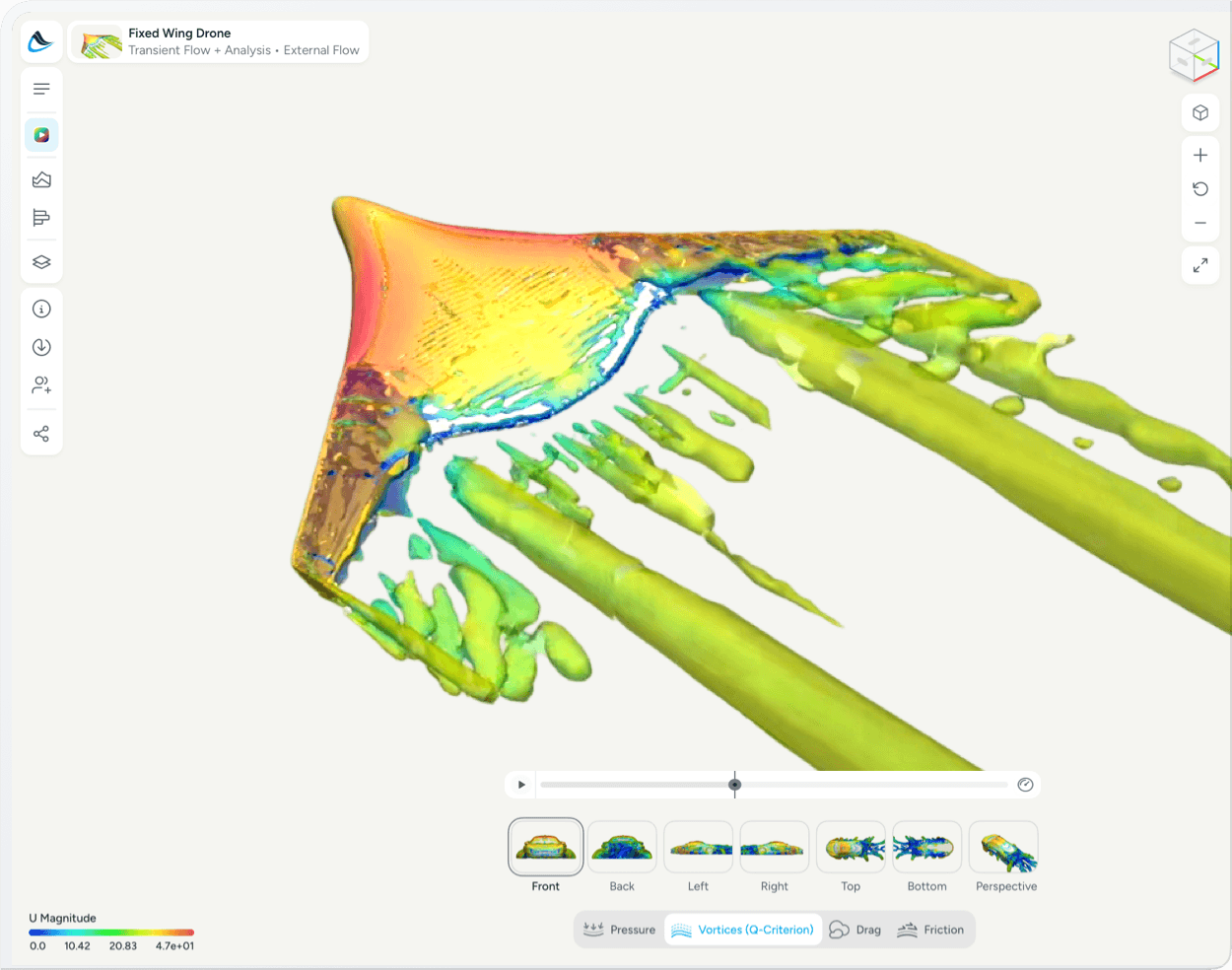 AirShaper transient flow analysis showing vortices around a fixed-wing drone