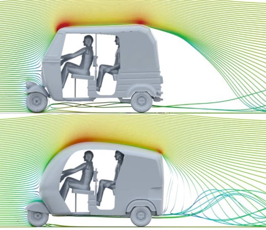 The 3D streamlines around the baseline and revised Rickshaw design - side view