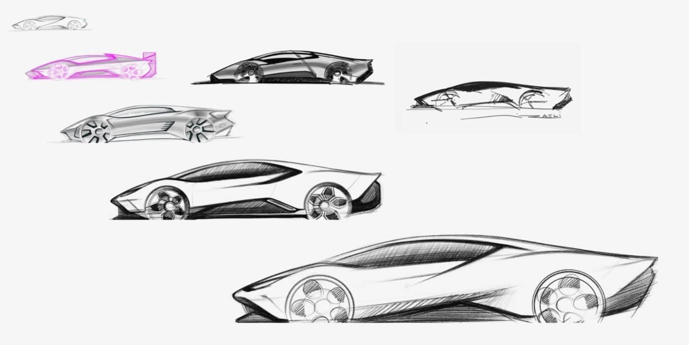 Initial design sketch of the Lamborghini Rayo