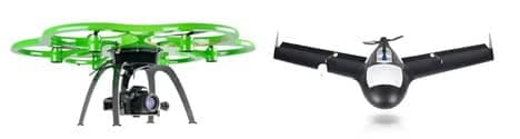 Example of a rotary (left) and fixed wing (right) drone. CREDIT: www.auav.com.au