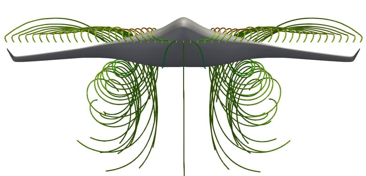 Streamlines on a fixed wing drone with winglets