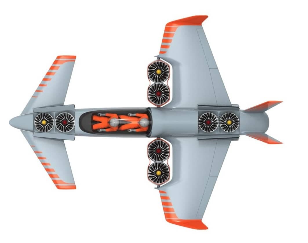 The propulsion layout of the Manta ANN2 Formula Air Grand Prix aircraft in VTOL mode - Illustration by Formula Air Grand Prix