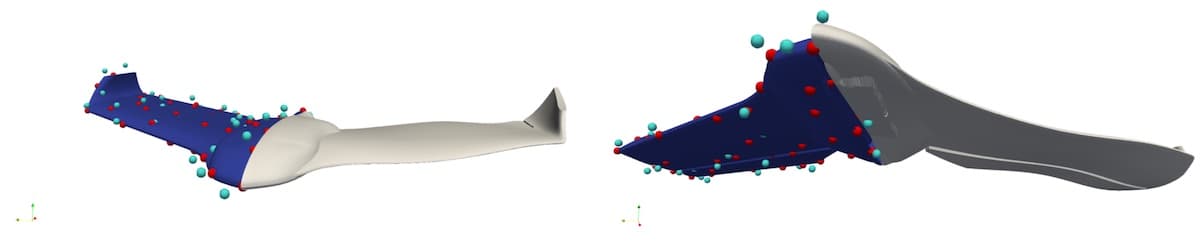 (left) Front view. (right) From this view point it is possible to see the projection done by the parametrization P(proj) on the fuselage box. Figure 5: Reference geometry (blue) and a random configuration. Control points C(red) and deformed control points C+D(light blue).