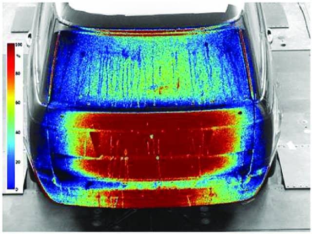 Accumulation of contaminant on the rear of an SUV after 75 s, obtained using a UV fluorescence method in the FKFS thermal wind tunnel - Image credit: FKFS / Adrian Gaylard