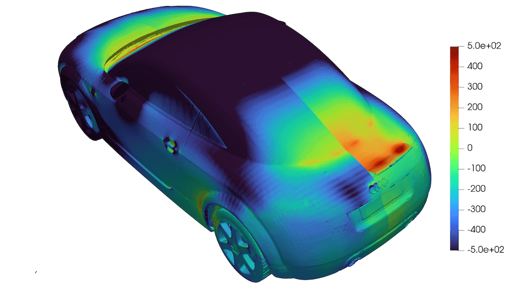 Two pressure maps showing that the spoiler increases the surface pressure on the rear window and boot compared to without the spoiler