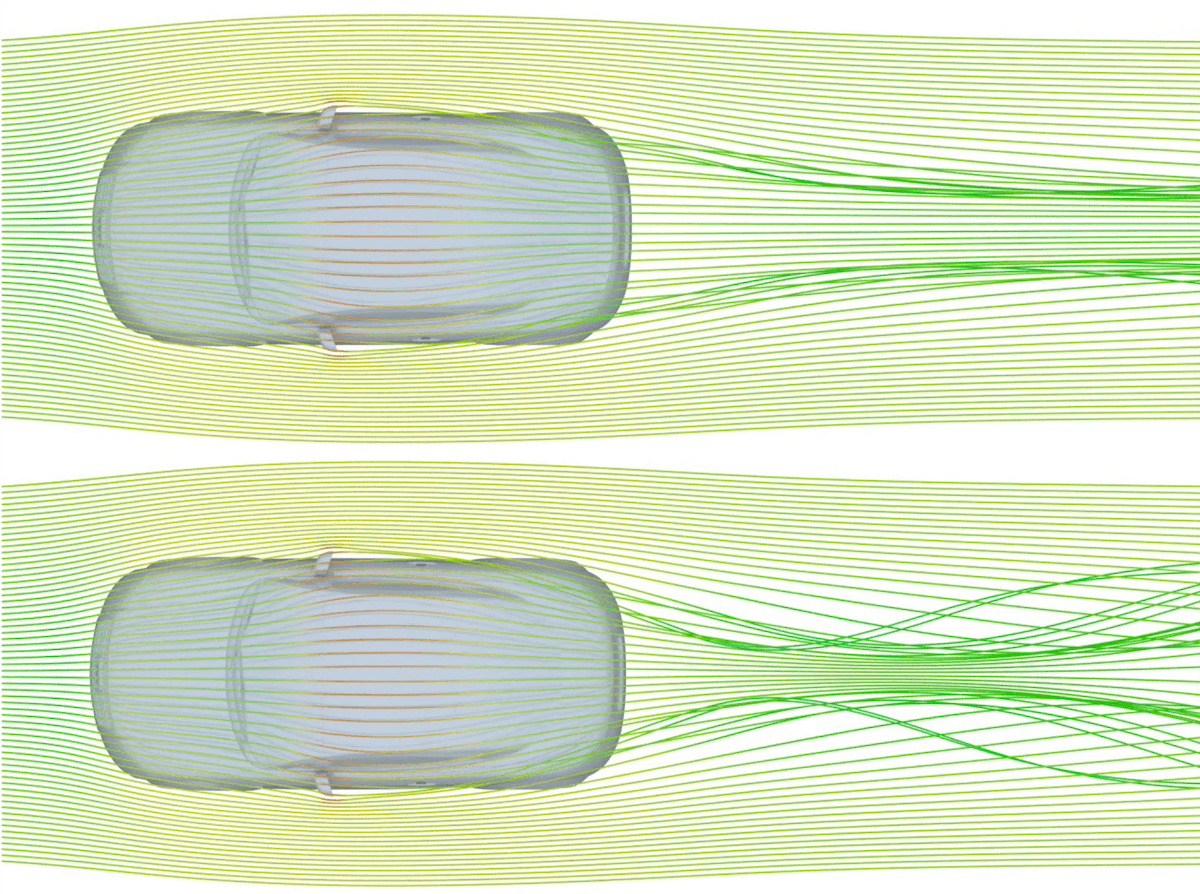 Streamlines show the wake with the spoiler (top) vs the wake without the spoiler (bottom)