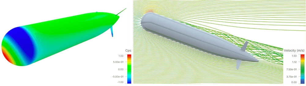 CFD screenshots showing a coloured surface pressure contour plot on the left and coloured velocity streamlines on the right