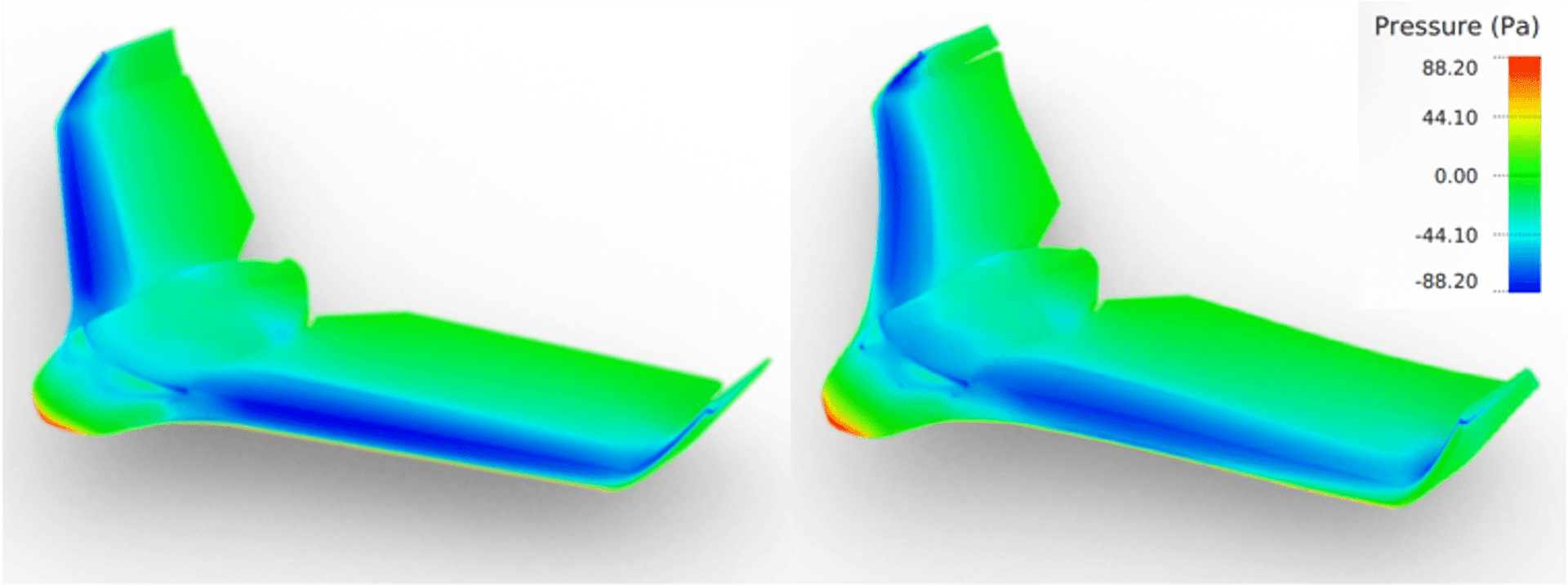 The blended body of the original design (left) was optimized (right) using AirShaper and neural networks to increase overall lift