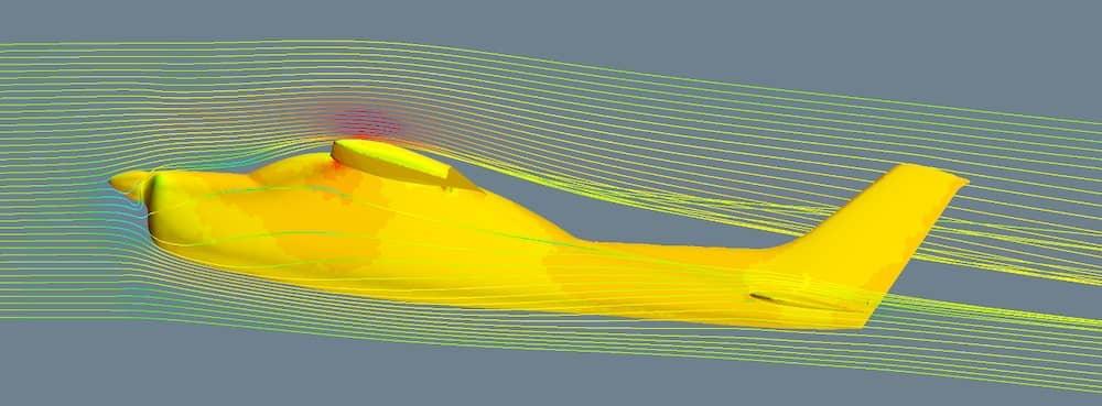 CFD image of Cessna C210 Centurion showing coloured velocity streamlines and surface static pressure