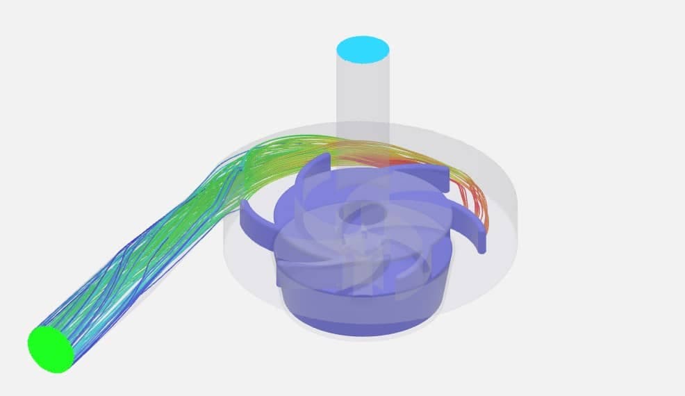 AirShaper internal flow simulation of the pump head with streamlines running from the impeller into the outlet pipe