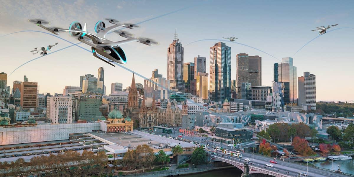 Graphic showing several eVTOL aircraft flying over the Melbourne city in Australia