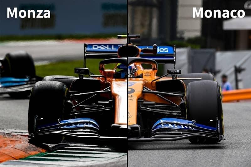 Low downforce rear wings are run in Monza, while high downforce rear wings are run in Monaco. CREDIT: www.autosport.com