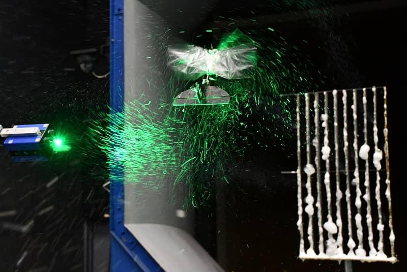 Delfly, the predecessor of Flapper Drone - 3D flow visualization using laser-illuminated soap bubbles (image credit: TU Delft)