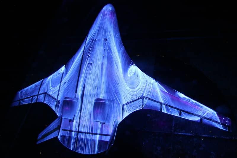 Fluorescent blue flow viz paint showing the streamlines on the surface of a jet