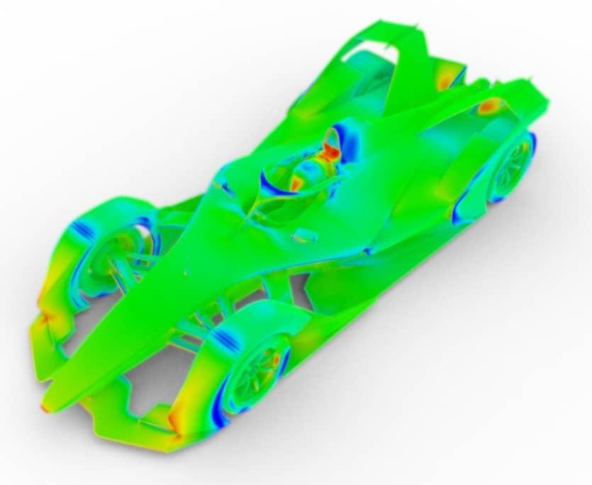An AirShaper Illustration of the Pressure Map on a Formula E Race Car (based on a public model) - Real simulation images by Voxdale are confidential and cannot be shown