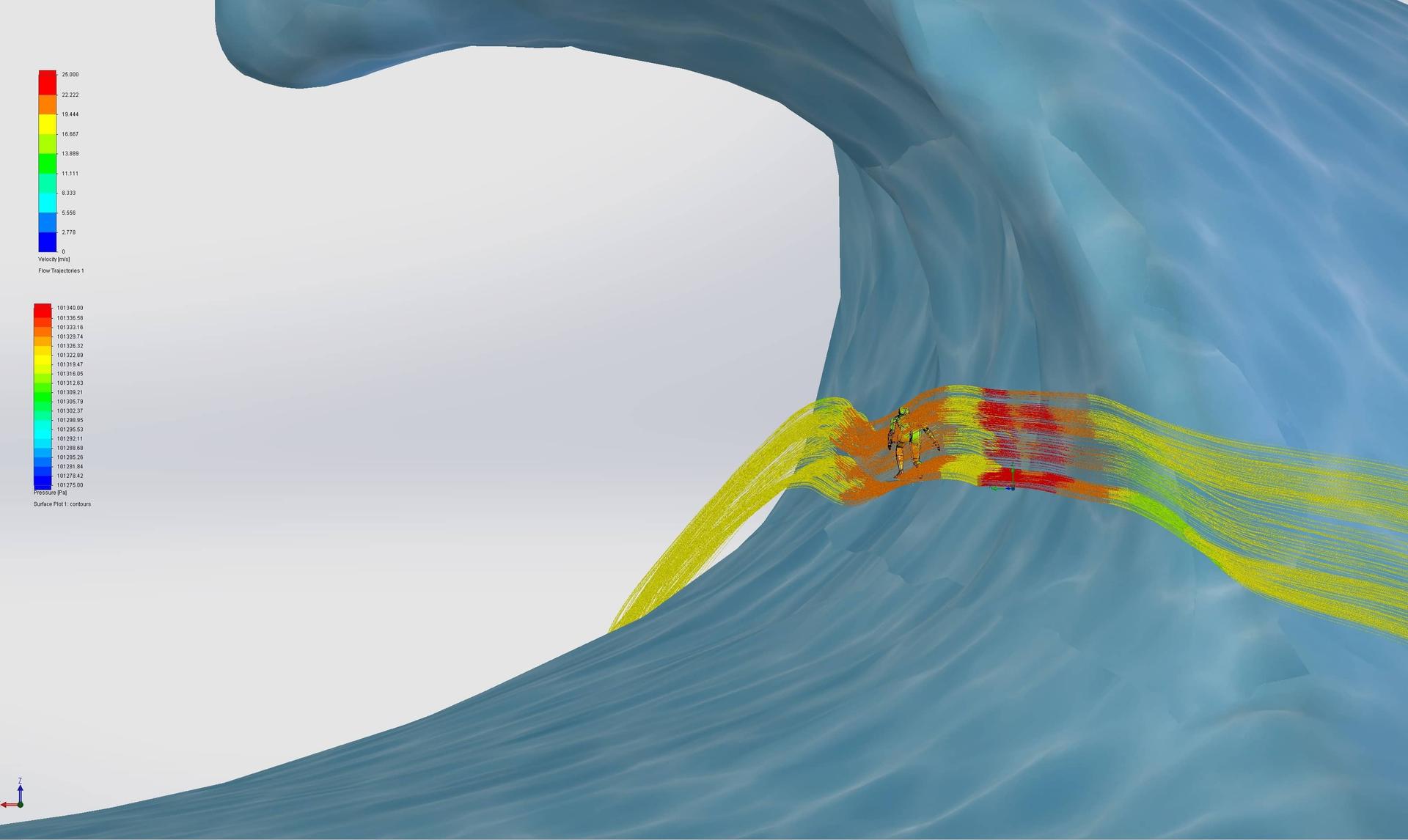 Aerodynamic simulation of Ian Walsh surfing a big wave - image by Falcon Pursuit
