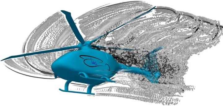 Simulation showing the wind noise of helicopter blades interacting with the wake
