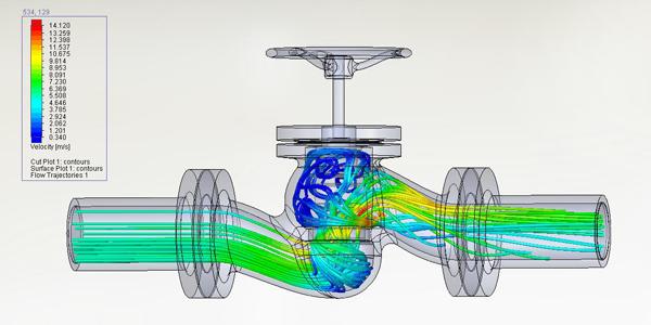 CFD simulation showing coloured velocity streamlines in a pipe and valve system