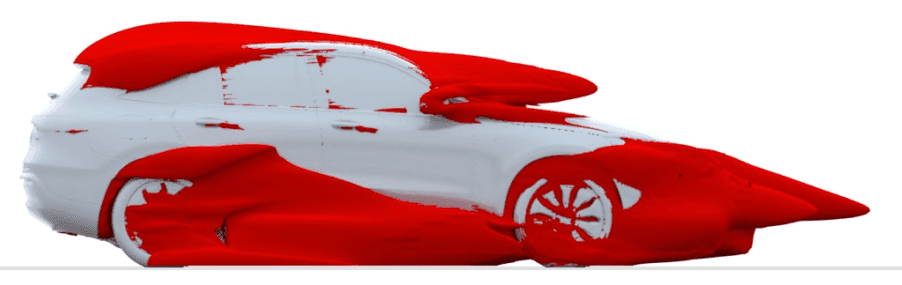Mercedes EQC in reverse (configuration 1 - original car) - Aerodynamic Simulation by AirShaper (pressure clouds shown)