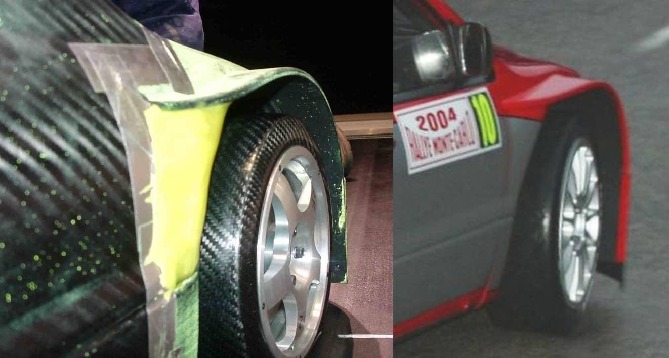 Detail of the front fender in the wind tunnel scale model (left) and in Galli/D'Amore car in Rally Monte Carlo 2004