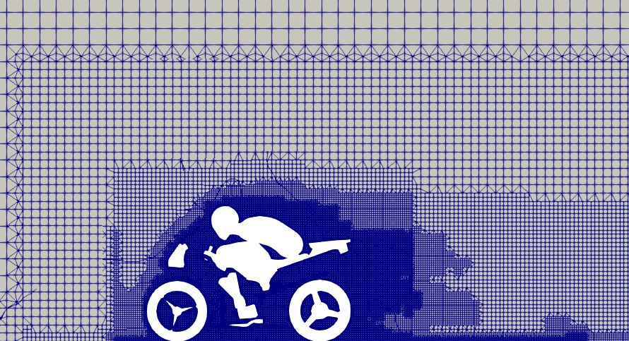 Varying mesh densities around a motorcyle and rider