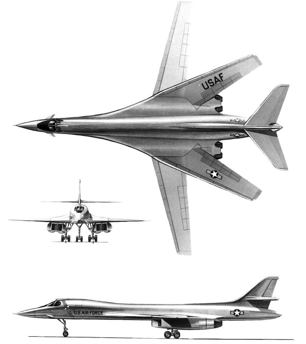 Illustration of a Rockwell B-1 supersonic bomber in plan, front and side view