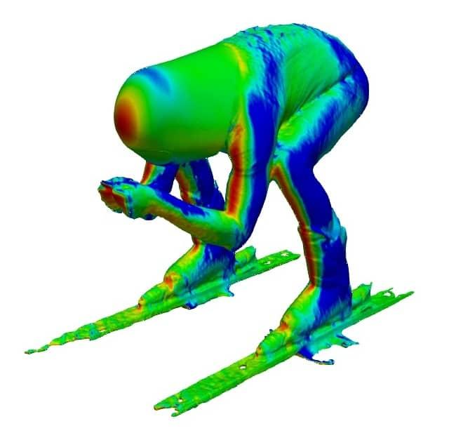 Pressure distribution colour map of speed skier showing pressure drag