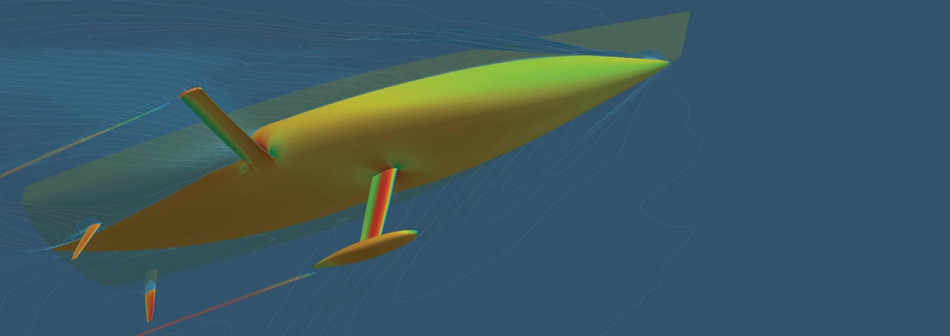 Bottom view of the hull with hydrofoils showing surface pressure & 3D streamlines.