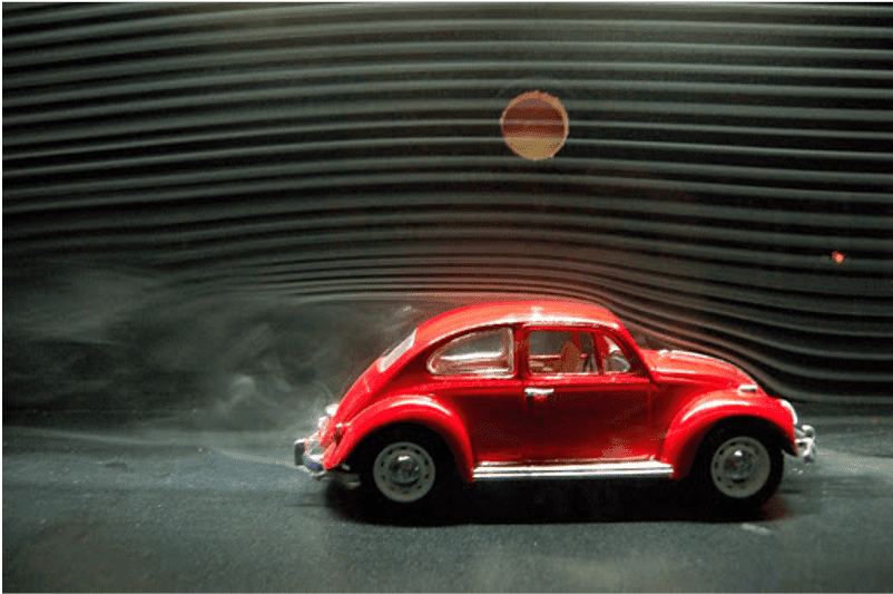 Wind tunnel test of a model VW Beetle displaying the effects of flow separation at the rear. CREDIT: ecomodder.com