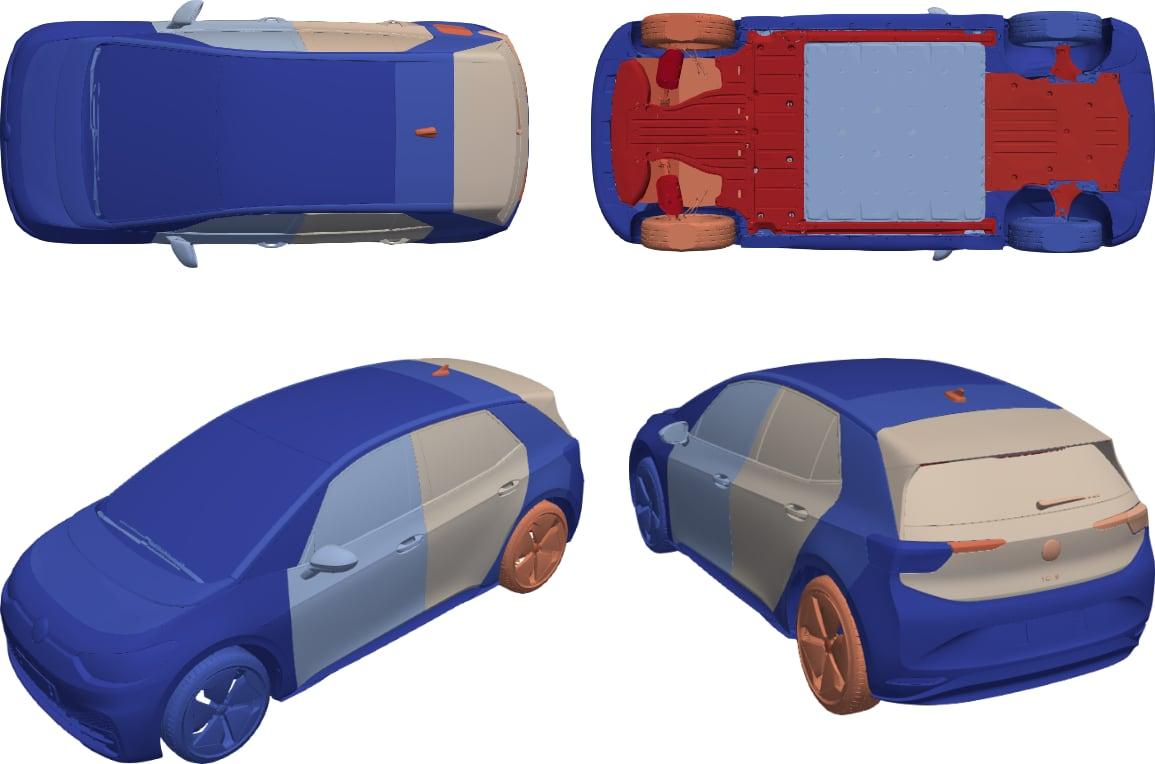 Figure 1: 3D scanned geometry of the VW ID3 car, as seen from four different points of view. The geometry is coloured based on the geometric entities/patches resulting from the scan.