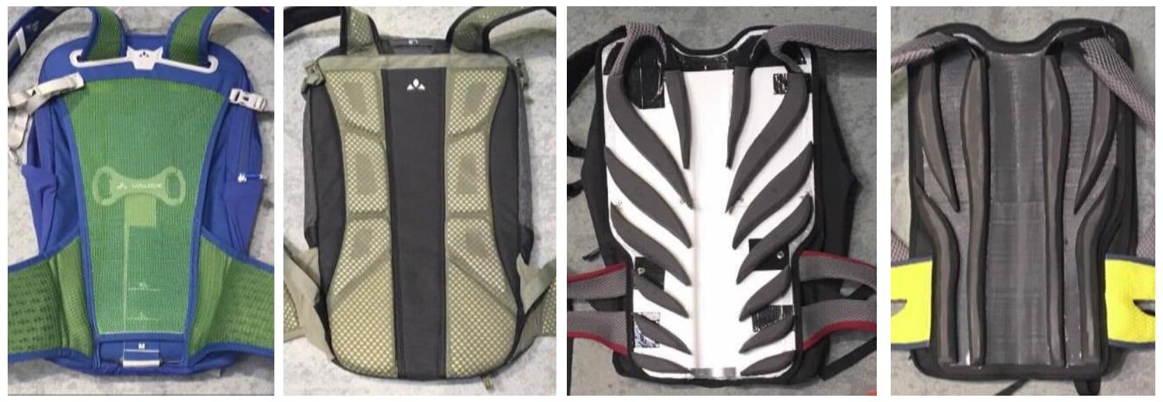 Fig. 3: Rear panels of the tested backpack conditions; Left to right: Ventilated system (VS), full contact system (FC), AirTurbulencer concept (AT), AirStreamer concept (AS)