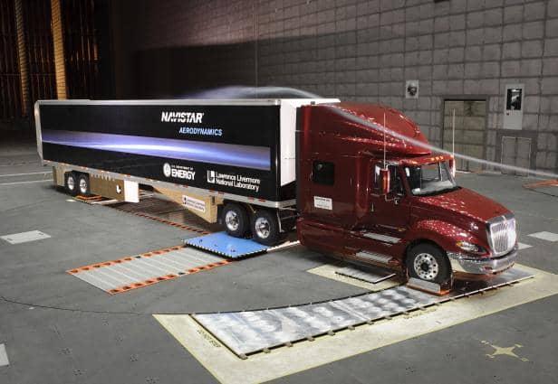 A full semi-trailer under test in the 80 x 120ft section of the NASA wind tunnel. CREDIT www.llnl.gov