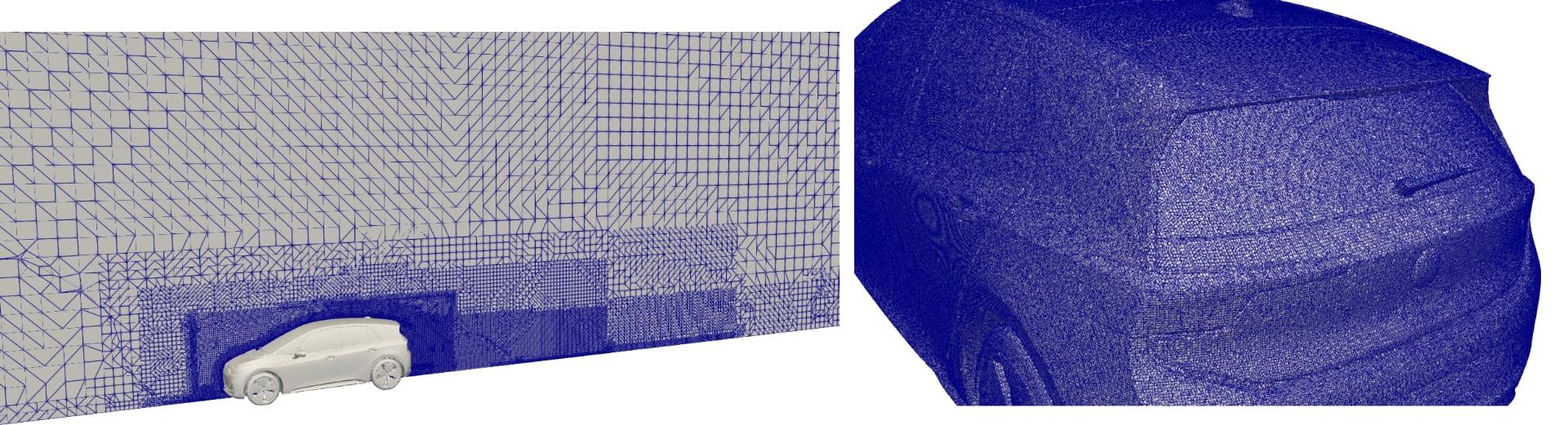 Figure 2: CFD mesh used for the flow solution and the optimization of the VW ID3 car. Left: a slice of the mesh passing through the middle of the car, right: detail of the surface mesh as seen from the port-back side of the car.
