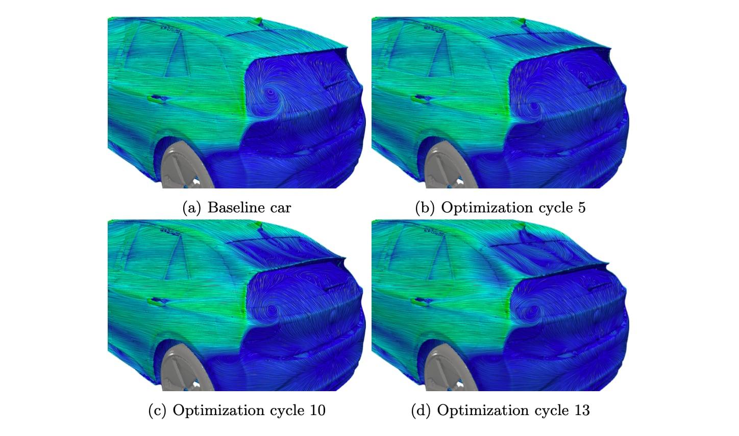 Figure 7: VW ID3, CD minimization: near wall velocity magnitude and the corresponding Line Integral Convolution (LIC) streamlines plotted over the surface of some of the geometries obtained during the optimization.
